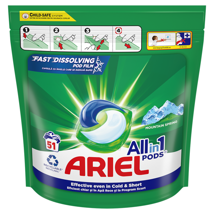 Detergent de rufe capsule Ariel All in One PODS Mountain Spring, 51 spalari