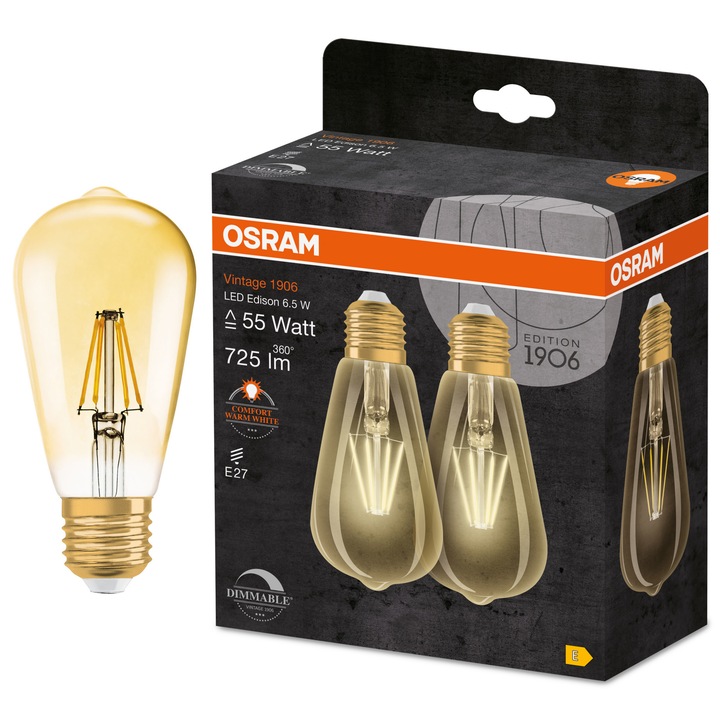 Set 2 becuri LED vintage (decorativ) Osram 1906 Edison 55, dimabil, filament, E27, 6.5W (55W), 725 lm, lumina calda (2400K), Gold, clasa energetica F