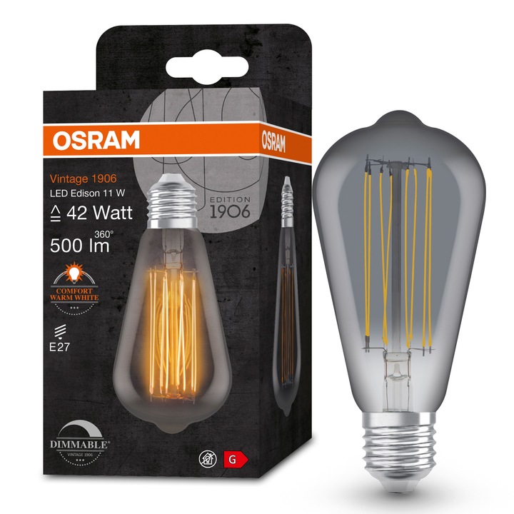 Крушка LED Osram 1906 Edison, Винтидж (декоративна), Димируема, Filament, E27, 11W (42W), 500 лумена, Топла светлина (1800K), Smoke, Енергиен клас G