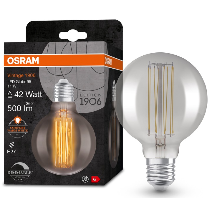 Крушка LED Osram 1906 Globe 95, Винтидж (декоративна), Димируема, Filament, E27, 11W (42W), 500 лумена, Топла светлина (1800K), Smoke, Енергиен клас G