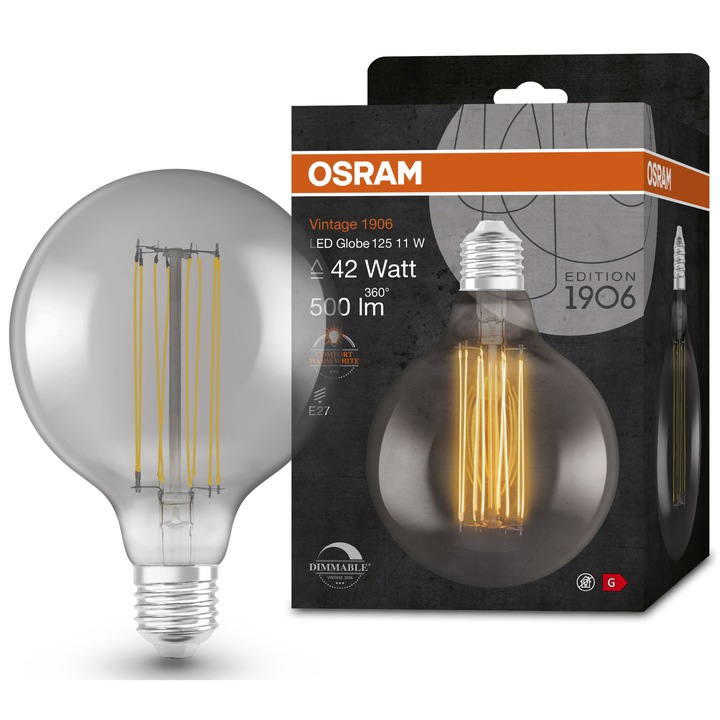 Osram 1906 Globe 125 vintage LED izzó, Dimmelhető, E27, 11W (42W), 500 lm, 1800K, Füst