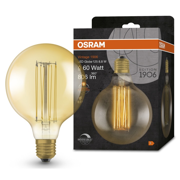 Osram 1906 Globe 125 vintage LED izzó, Dimmelhető, E27, 8.8W (60W), 806 lm, 2200K, Arany