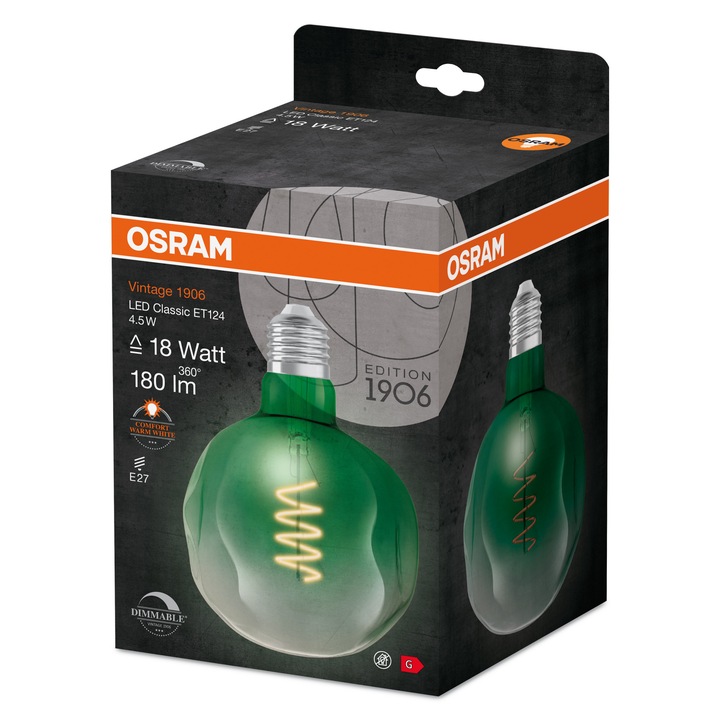 Bec LED vintage (decorativ) Osram 1906 ET124, dimabil, filament, E27, 4.5W (18W), 180 lm, lumina calda (1600K), Verde, clasa energetica G