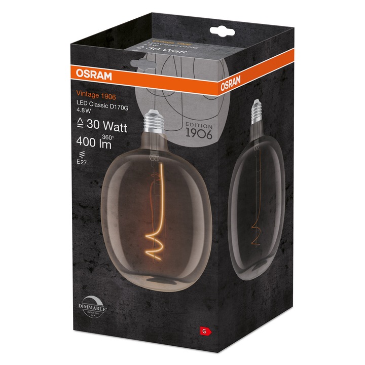 Osram 1906 Balloon vintage LED izzó, Dimmelhető, E27, 4.8W (10W), 400 lm, 2700K, Átlátszó