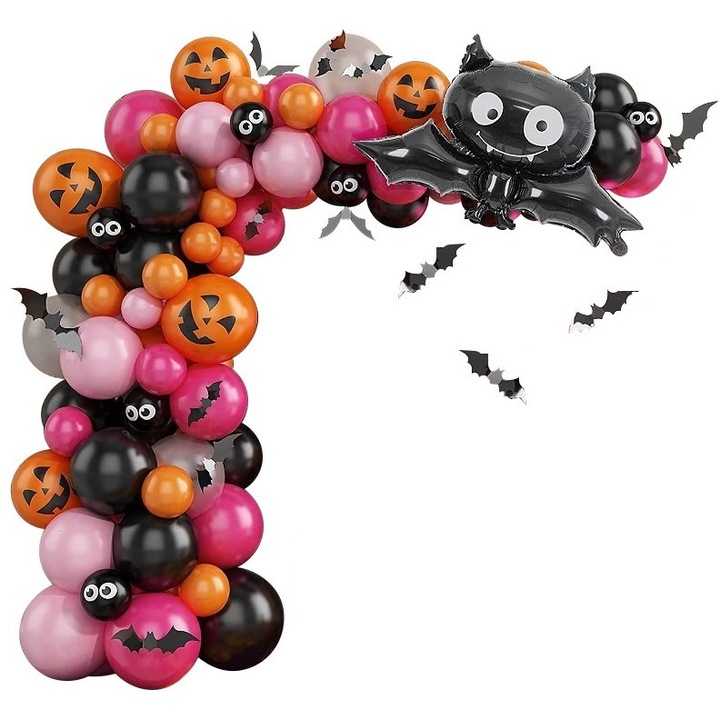 Set baloane, decoratiuni petrecere Halloween, 86 de piese, liliac, negru, portocaliu, roz