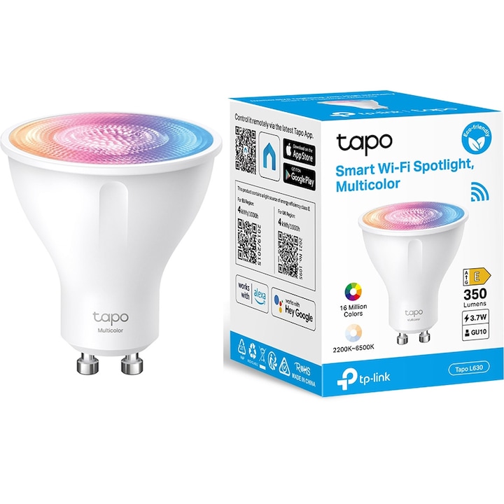 Bec LED RGB inteligent TP-Link Tapo L630, Wi-Fi, GU10, 3.7W, 350 lm, lumina alba si colorata (2200-6500K)compatibil Amazon Alexa/Google Assistant, clasa energetica E