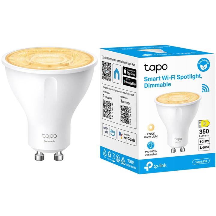 Интелигентна LED крушка TP-Link Tapo L610, Wi-Fi, GU10, 2.9W, 350 лумена, Температура на светлината 2700K, Съвместима с Amazon Alexa/Google Assistant