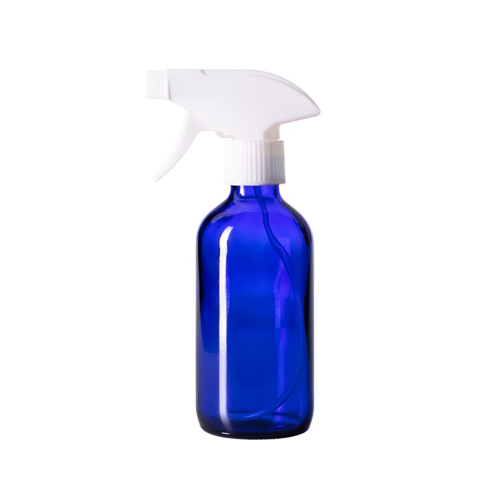 DROPY Kék üveg spray tartály, fehér porlasztóval, illóolajokhoz / parfümökhöz / aromaterápiához / fertőtlenítéshez, 250 ml