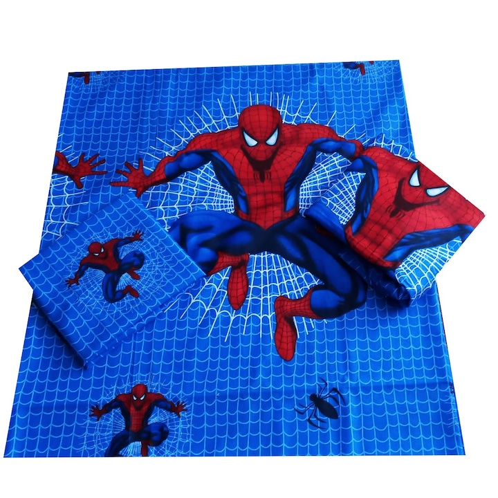 Lenjerie pat, 3 piese MCF, spider man, albastru/multicolor, 70x140 cm