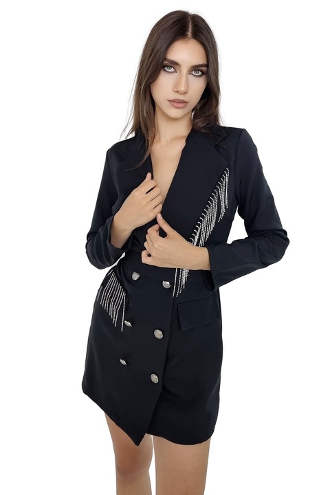 Рокля тип сако Tiffany, аксесоар с метални ресни, Черна, Универсален размер S/M