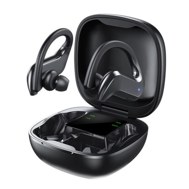 Bluetooth 5.0 слушалки, WTO, led дисплей, управление чрез докосване, power bank 400 mAh, обхват 10 m, зареждане през калъфа или micro-USB кабел, черни
