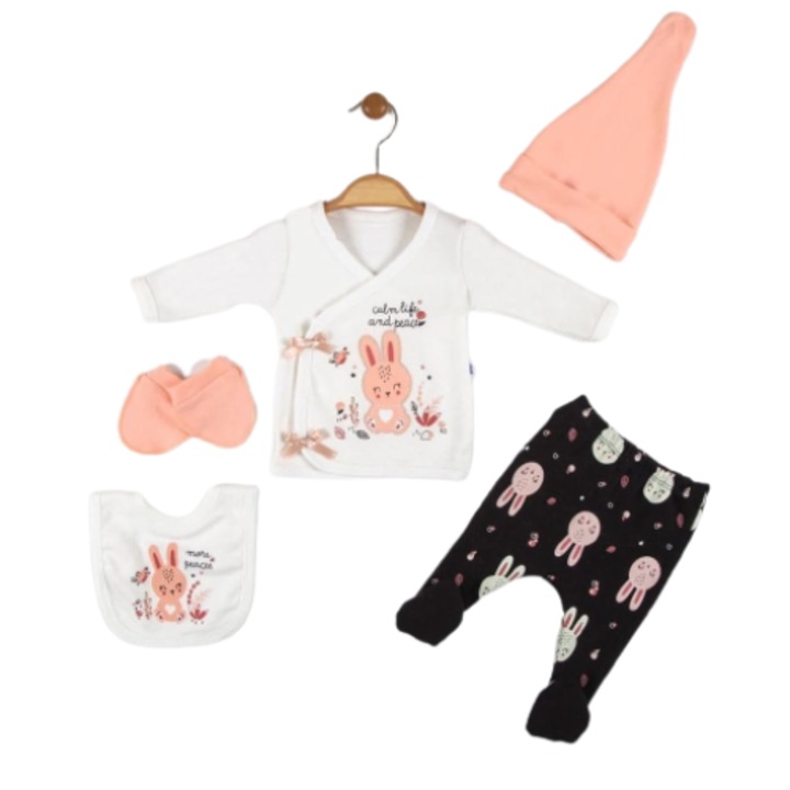 Compleu copii, 5 piese, Bubu-Still, 1-3 luni, 52-56 cm, Animalute nazdravane, Alb Rose