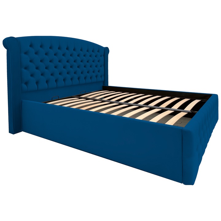 Pat Massimo dublu cu somiera rabatabila si spatiu de depozitare, albastru inchis, F20, 140x200 cm