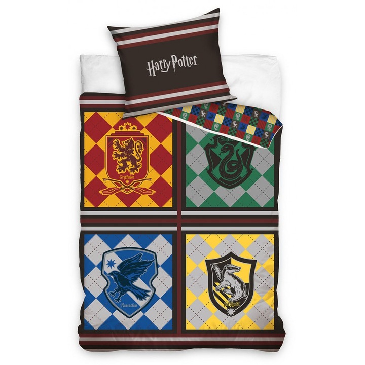 Carbotex gyerek ágynemű, Harry Potter négyzetek, házak, 2 db, pamut, 1 személyes, tarka, 140x200 cm, 70x90 cm