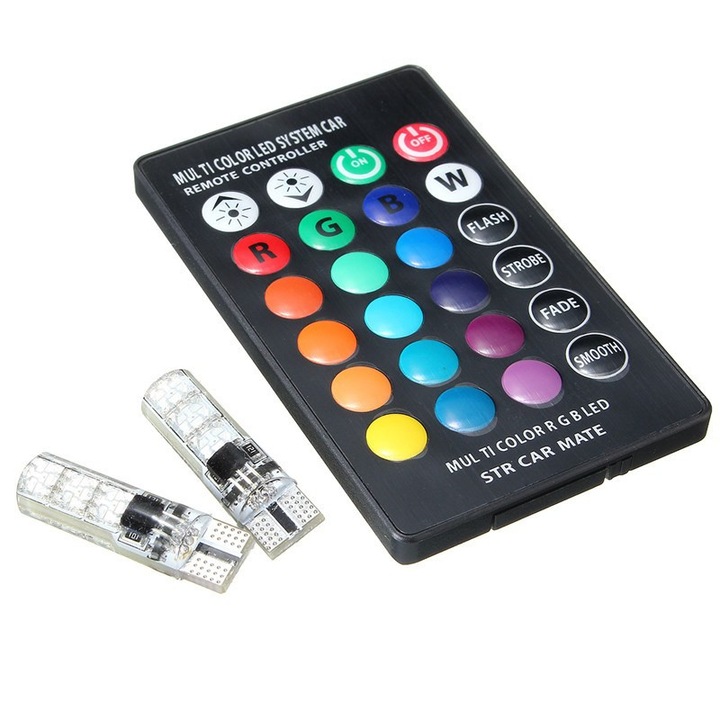 Set 2 Becuri RGB T10 LED 12v Cu Telecomanda Auto