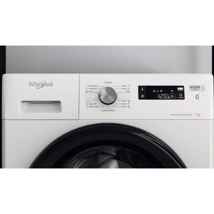 Masina de spalat rufe Whirlpool FreshCare+ FFS 7259 B EE, 7 kg, 1200 rpm, Clasa B, Tehnologia al-6lea Simt, Motor Inverter, Alb/Negru