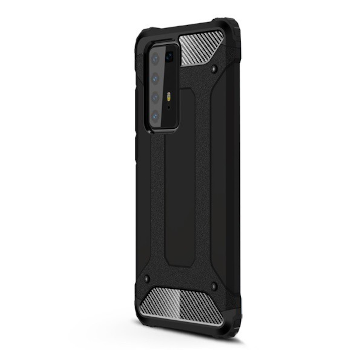 Defender műanyag telefonvédő (közepesen ütésálló, légpárnás sarok, szilikon belső, fémhatás) FEKETE [Huawei P40 Pro 5G] (5996457933235)