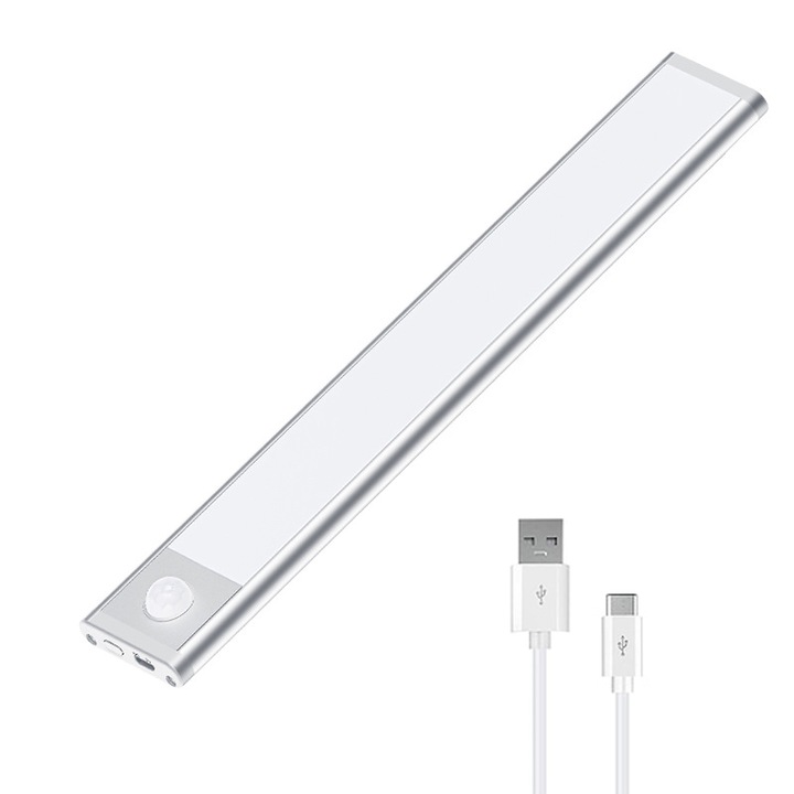 Ултратънка интелигентна LED лампа, сензор за движение, 32 см, 54 светодиода, USB зареждане, подходяща за съблекалня, кухненски шкаф, баня, коридор, стълбище, Бяла светлина