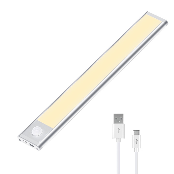 Hiegreen ultravékony smart LED lámpa, mozgásérzékelő, 32cm, 54 LED, USB töltés, öltözőbe, konyhaszekrénybe, fürdőszobába, folyosóra, lépcsőre, meleg fény