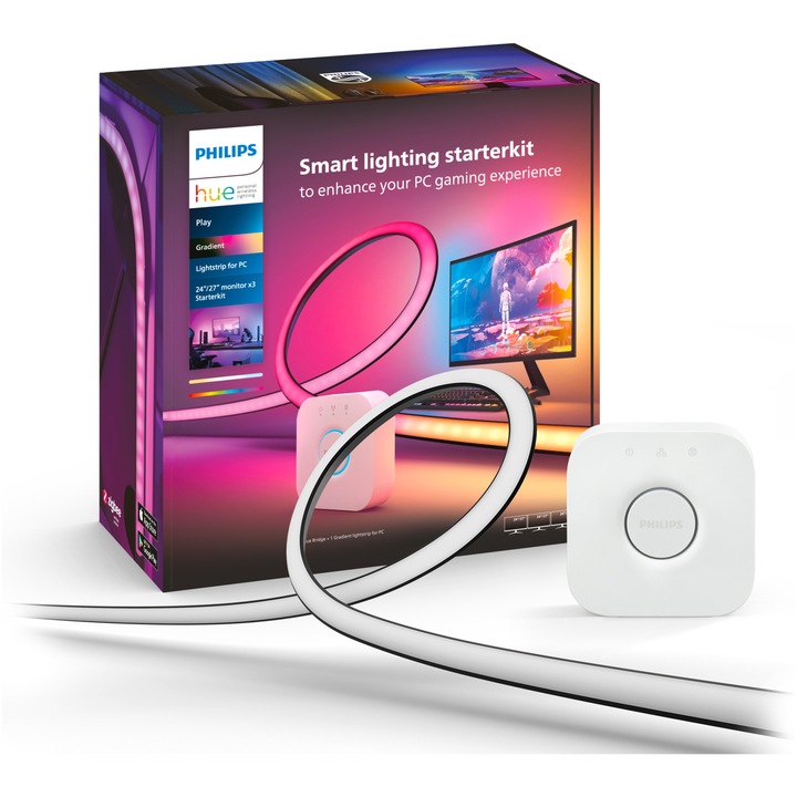 Banda LED RGB Philips Hue Gradient pentru PC, 3 monitoare 24-27 inch, 20W, 1200 lm, lumina alba si colorata, 187.5 cm, Consola Hue Bridge inclusa