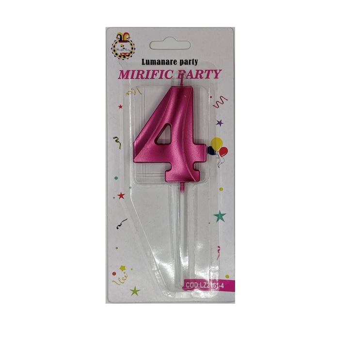 Lumanare tort, cifra 4, Roz metalizat, 15 cm