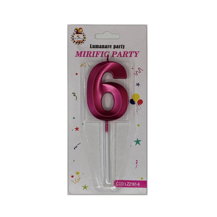 Lumanare tort, cifra 6, Roz metalizat, 15 cm
