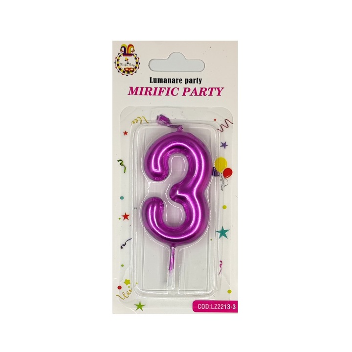 Lumanare tort, cifra 3, Magenta neon, 8 cm