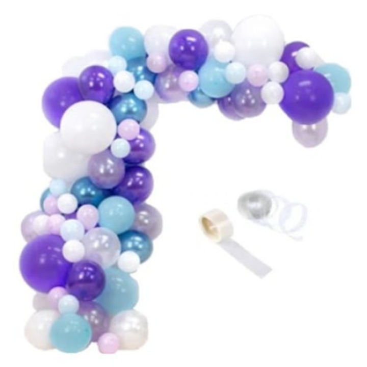 Kit Aranjament din baloane tip Arcada, 92 bucati, Mov/Alb/Verde