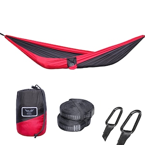 Hamac hikerjoy, din material tip parasuta, ultra usor, ultra portabil, excelent pentru camping, outdoor, backpacking, 270x140 cm, doua curele de prindere si carabine incluse, negru cu rosu