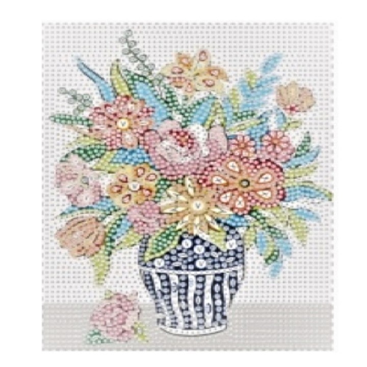 Goblen cu pietre 5D, Vaza cu flori, Panza din bumbac aplicata pe cadru din lemn si accesorii, 20 x 20 cm, Multicolor