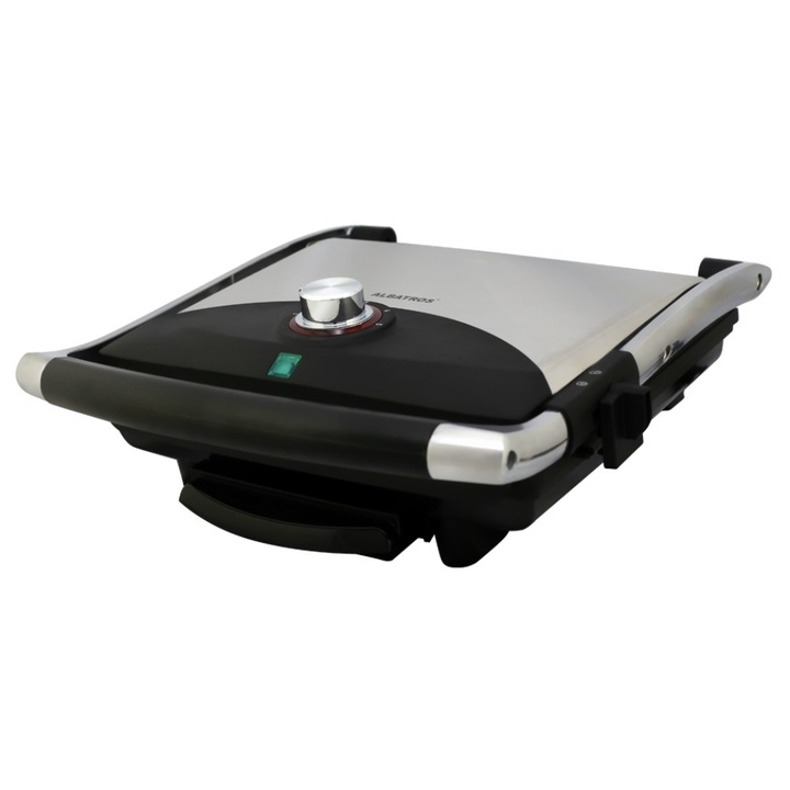 Gratar electric Albatros, 2000 W, placi tip grill antiaderente, reglaj al temperaturii de gatire, maner termorezistent cromat, negru cu argintiu