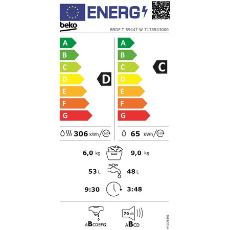 Masina de spalat rufe cu uscator Beko B5DFT59447W, Spalare 9 kg, Uscare 6 kg, 1400 RPM, Clasa C, HomeWhiz, AddXtra, SteamCure, Motor ProSmart Inverter, AquaWave, Alb