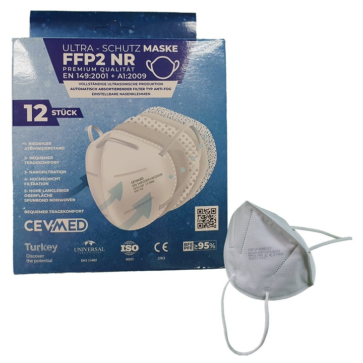 Masca de protectie, FFP2, 5 straturi, ambalata individual, alb, Cev-Med