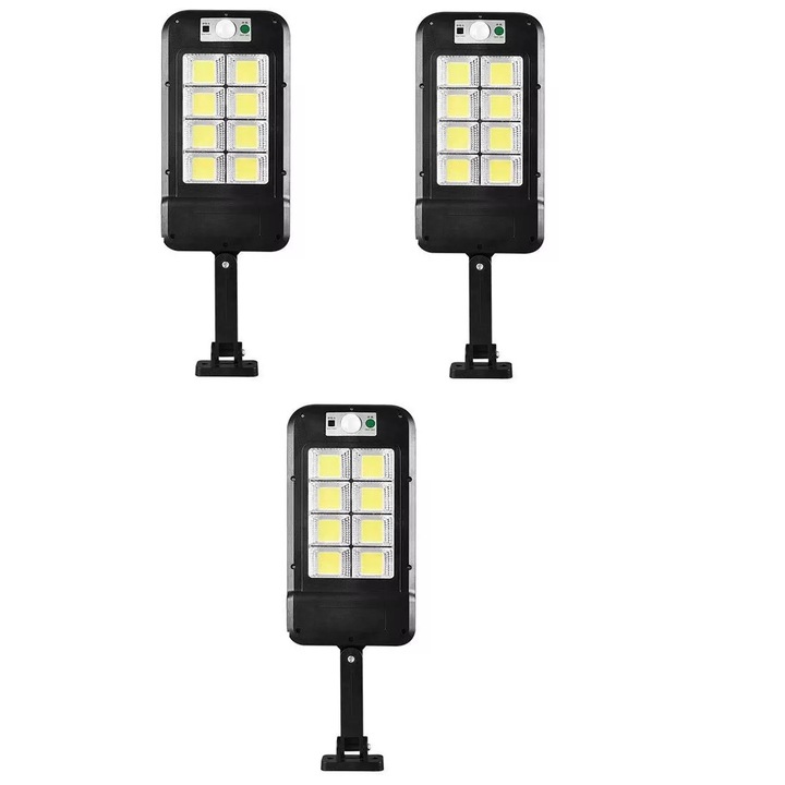 Set 3 X Lampa Solara Stradala 8COB 160 LED OneTech®, Senzor de Miscare, Panou Solar Incorporat, Brat de Montare Inclus, Telecomanda cu Functii Multiple de Setare a Intensitatii Luminoase si Timpului de Functionare, IP65, Negru