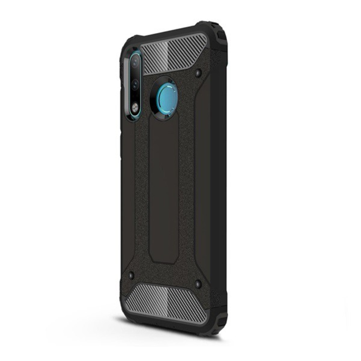 Пластмасов протектор за телефон Defender (средна устойчивост на удар, въздушно омекотен ъгъл, силиконова вътрешност, метален ефект) ЧЕРЕН [Huawei P30 Lite (Nova 4e)] (5996457875689)