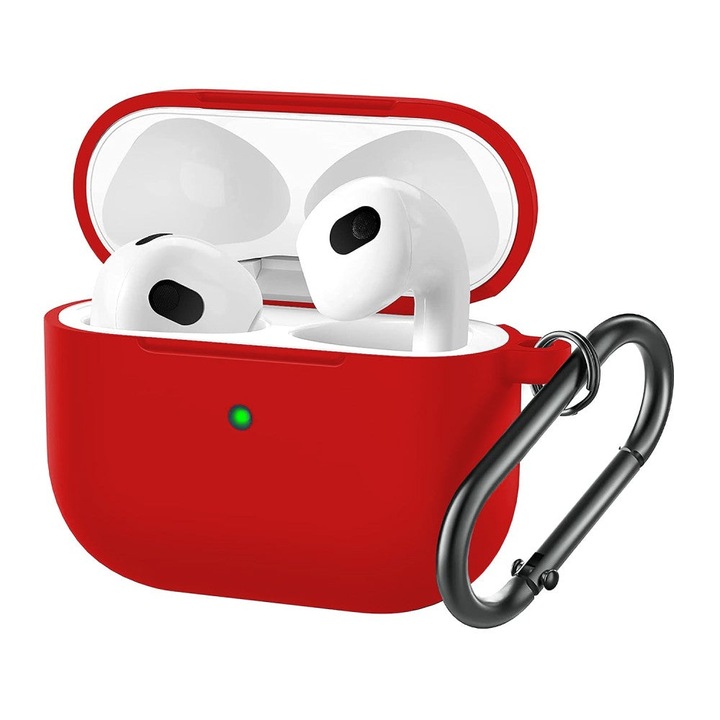 Husa Silicon Protectie compatibila cu AirPods Generatia 3 CASEY STUDIOS™, din Silicon Moale, cu Breloc Carabina, Incarcare Wireless, Red