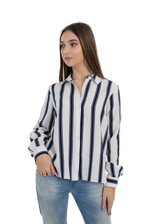 RESENSE, Camasa vaporoasa cu guler ascutit Hermina, Alb optic/Bleumarin, L