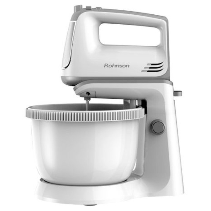 Миксер с купа Rohnson, с 3,5 л въртяща се купа, 300 W, 5 степени на скорост, Turbo функция, бял със сиво, куки за месене и бъркалки