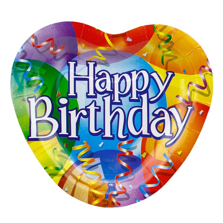 Happy Birthday karton tányérok, PRC, szív alakú 18.5x17.5cm, 10 darabos szett