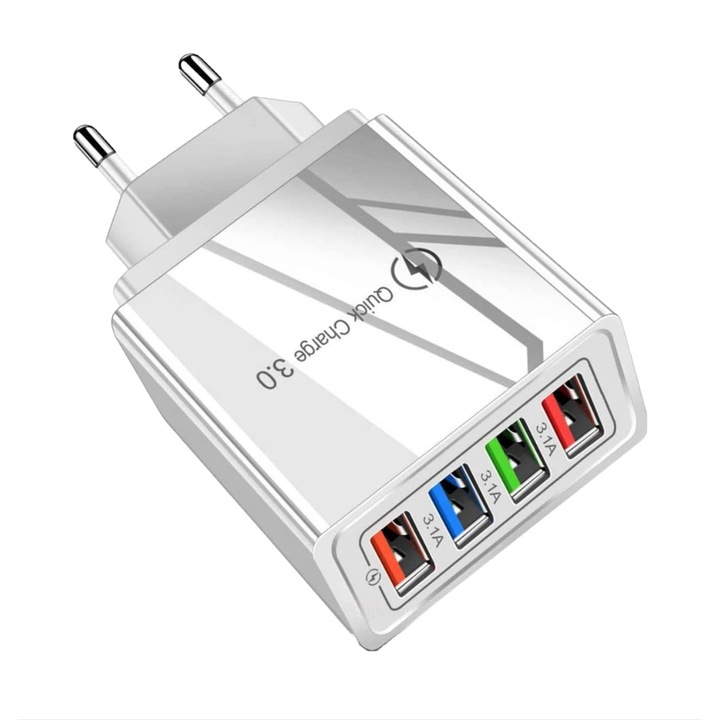 Incarcator Retea, Incarcator Priza, 3x USB 3.0 Ultra Fast Charge Incarcare Rapida Cip Protectie Temperatura Ridicata, Alb