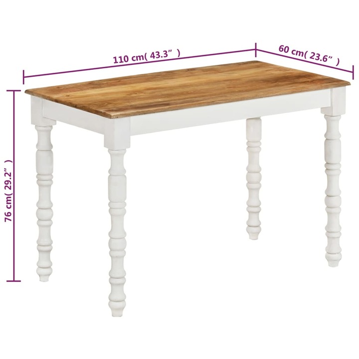 Трапезна маса vidaXL, 110x60x76 cм, Мангово дърво масив, 16.5 Kg