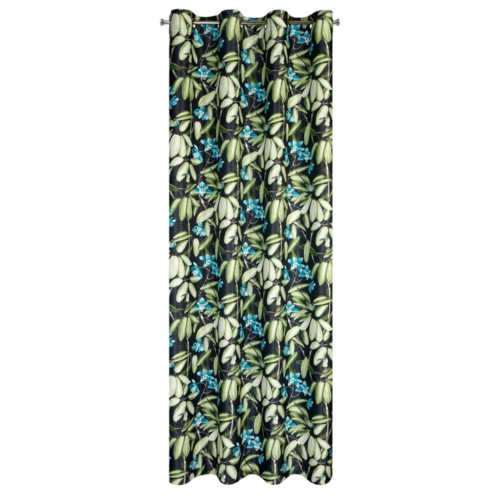 Eurofirany LONI dekoratív függöny, fém gyűrűkkel, 140x250, fekete egzotikus orchideák