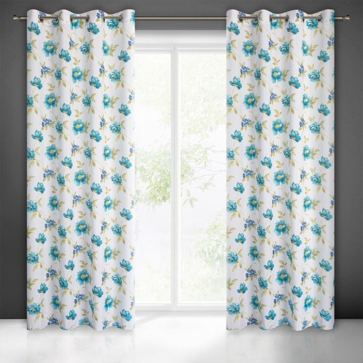 Завеса Eurofirany ALMA, Метални халки, бяло и синьо на цветя, 140x250 см