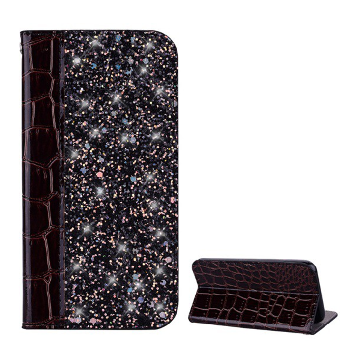 Tok álló (FLIP, oldalra nyíló, asztali tartó funkció, csillámporos, krokodilbőr hatású minta) BARNA [Samsung Galaxy S10 (SM-G973)] (5996457851423)