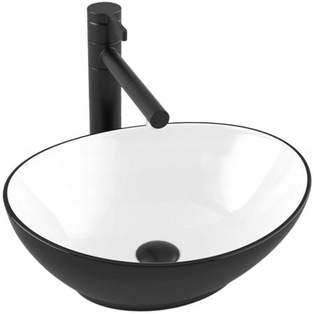 Lavoar pe blat chuvieta baie Rebiko oval, ceramic, design modern si elegant, alb negru, 42 x 34 x 15 cm