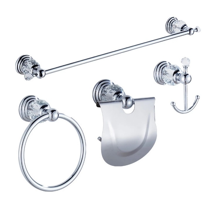 Set accesorii baie, Blackswan, Tip M10, 4 piese, model crom cu elemente din sticla, dimensiune 60 cm