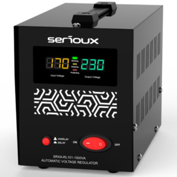 Stabilizator de tensiune cu releu Serioux SRXA-RL101-1500VA, 1500VA, IP20, protectie tensiune scazuta, supratensiune, scurtcircuit,supraincalzire