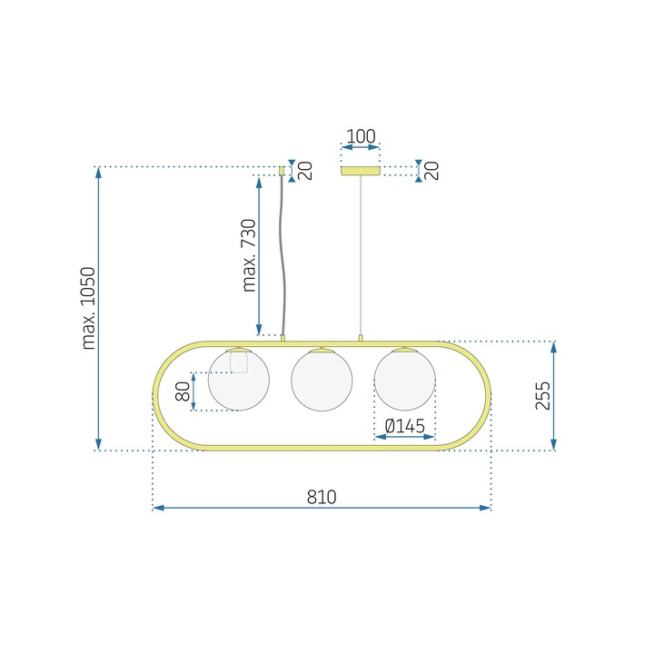 Lustra Tavan Suspendabila 3 Surse E27 60W Sticla Metal Gold 810x255 mm