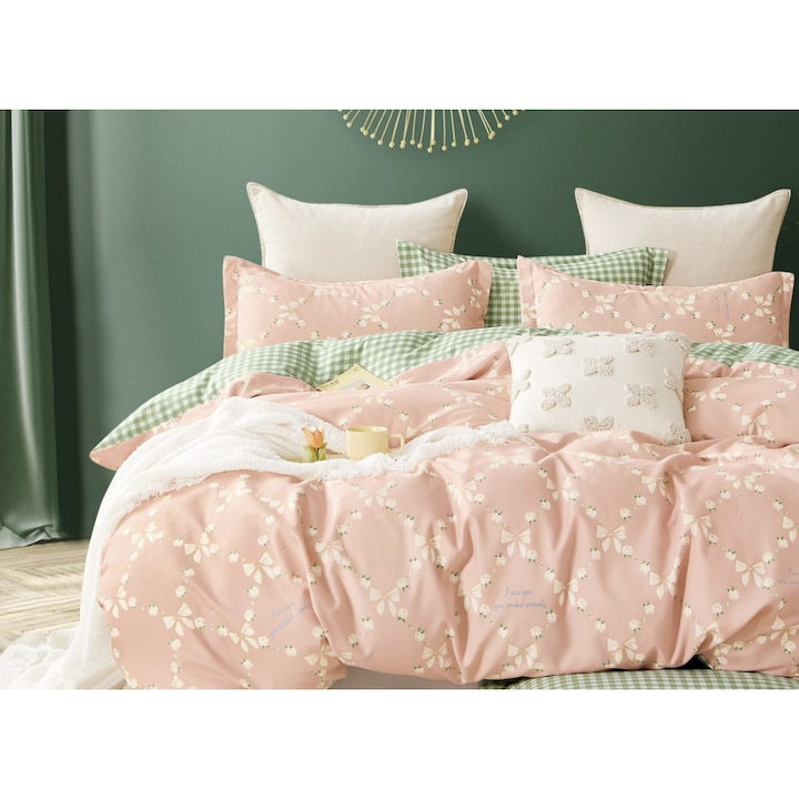 Lenjerie de pat dublu 2 persoane, East Confort, 6 piese, bumbac, 230 x 200 cm, roz pal cu fundite