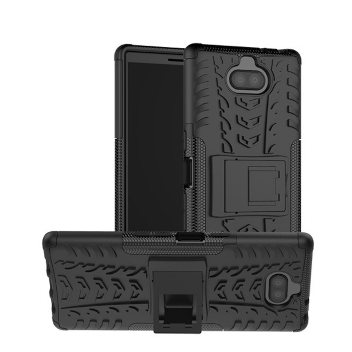 Protector de telefon din plastic Defender (rezistenta medie la impact, interior din silicon, suport, model anvelope auto) NEGRU [Sony Xperia 10 plus (L4213)] (5996457846535)